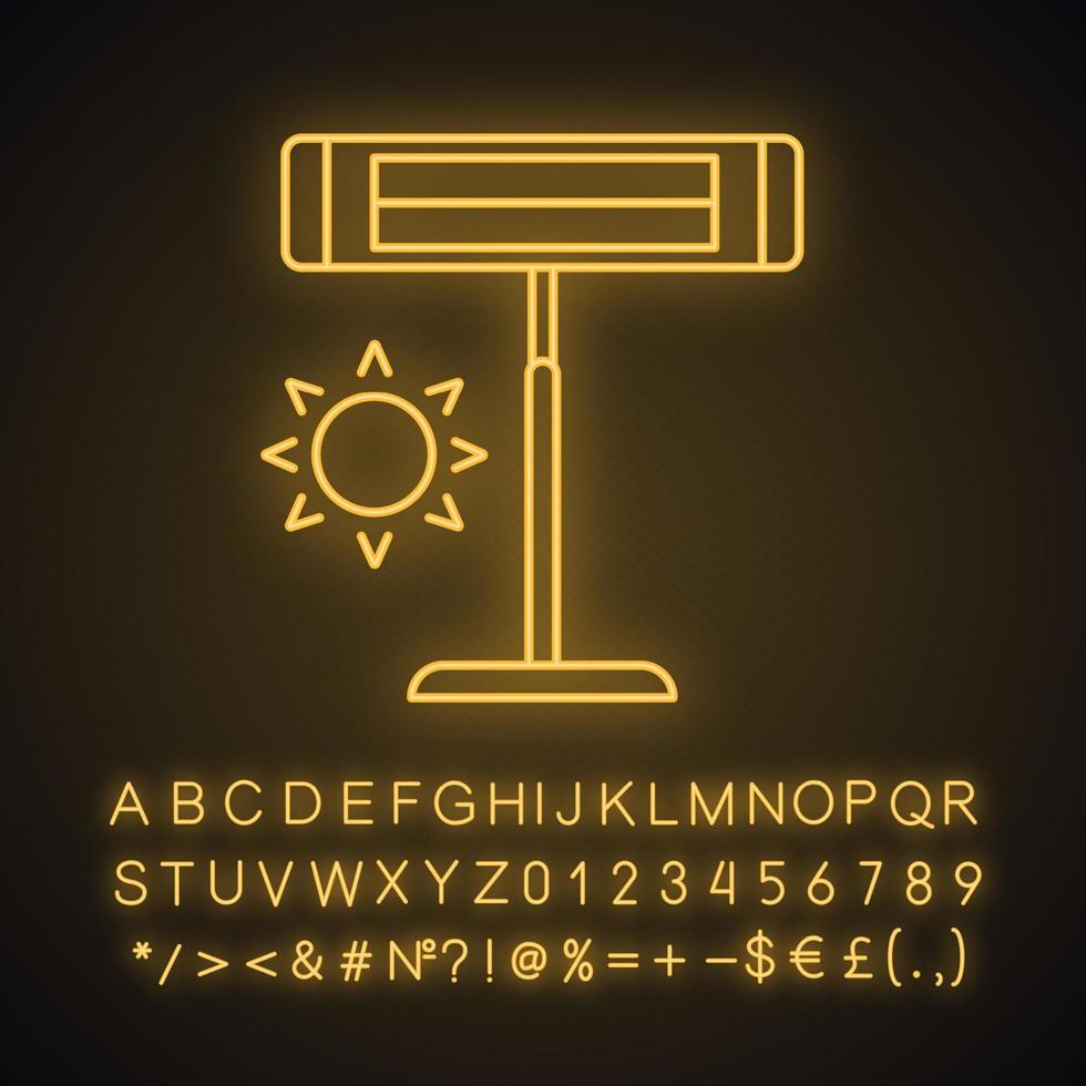 icono de luz de neón del calentador infrarrojo. calentador eléctrico de pie. Electrodoméstico. lámpara de calefacción ir. signo brillante con alfabeto, números y símbolos. ilustración vectorial aislada vector