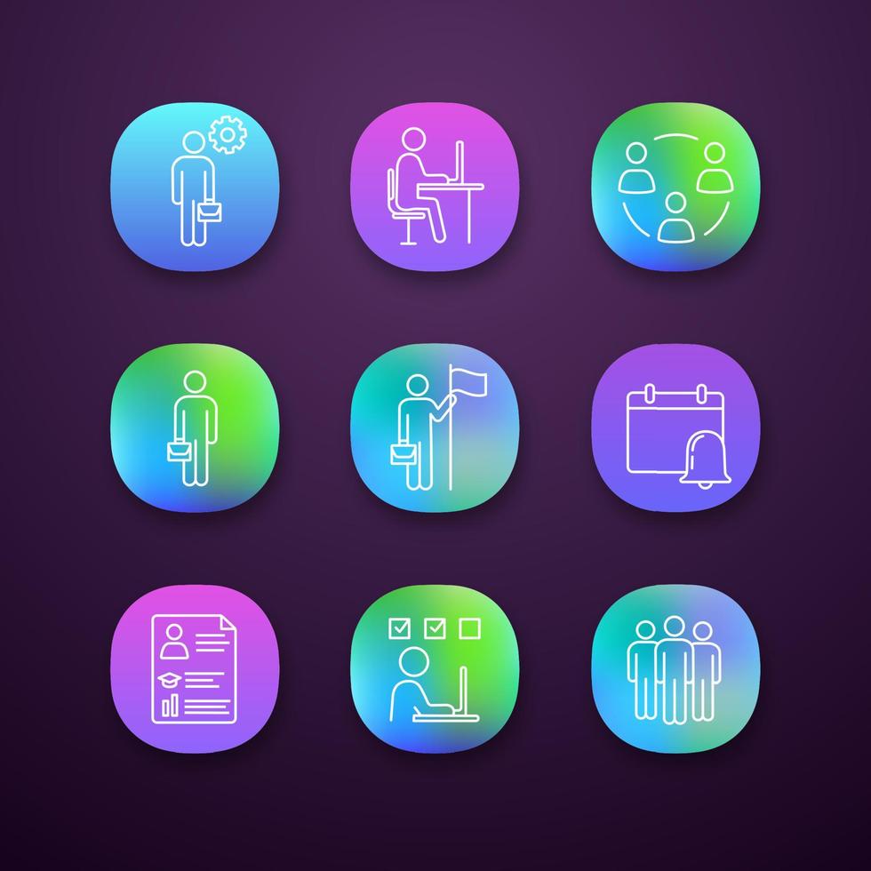 Business management app icons set. Manager, office, partnership, businessman, goal achieving, reminder, resume, task solving, team. UI UX user interface. Web applications. Vector isolated illustration
