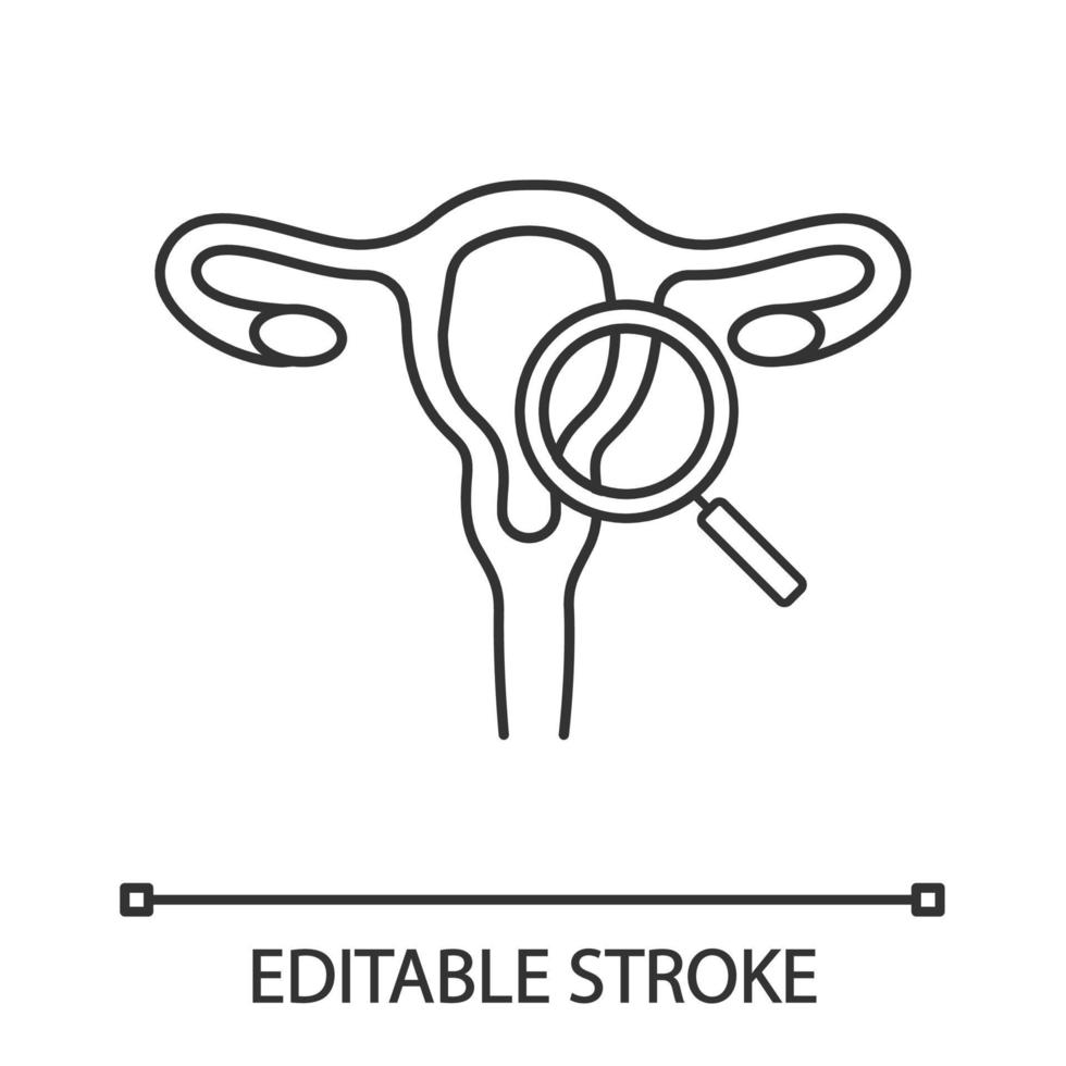 Gynecological exam linear icon. Female reproductive system examination. Thin line illustration. Uterus, fallopian tubes, vagina with magnifying glass. Vector isolated illustration. Editable stroke