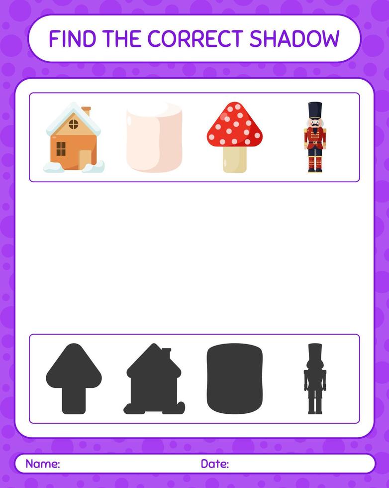 Find the correct shadows game with christmas icon. worksheet for preschool kids, kids activity sheet vector