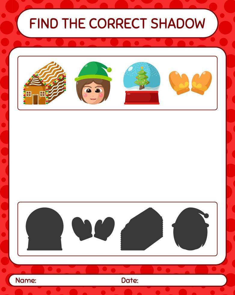 Find the correct shadows game with christmas icon. worksheet for preschool kids, kids activity sheet vector