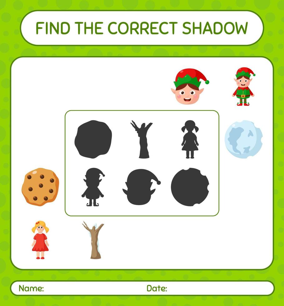 Find the correct shadows game with christmas icon. worksheet for preschool kids, kids activity sheet vector