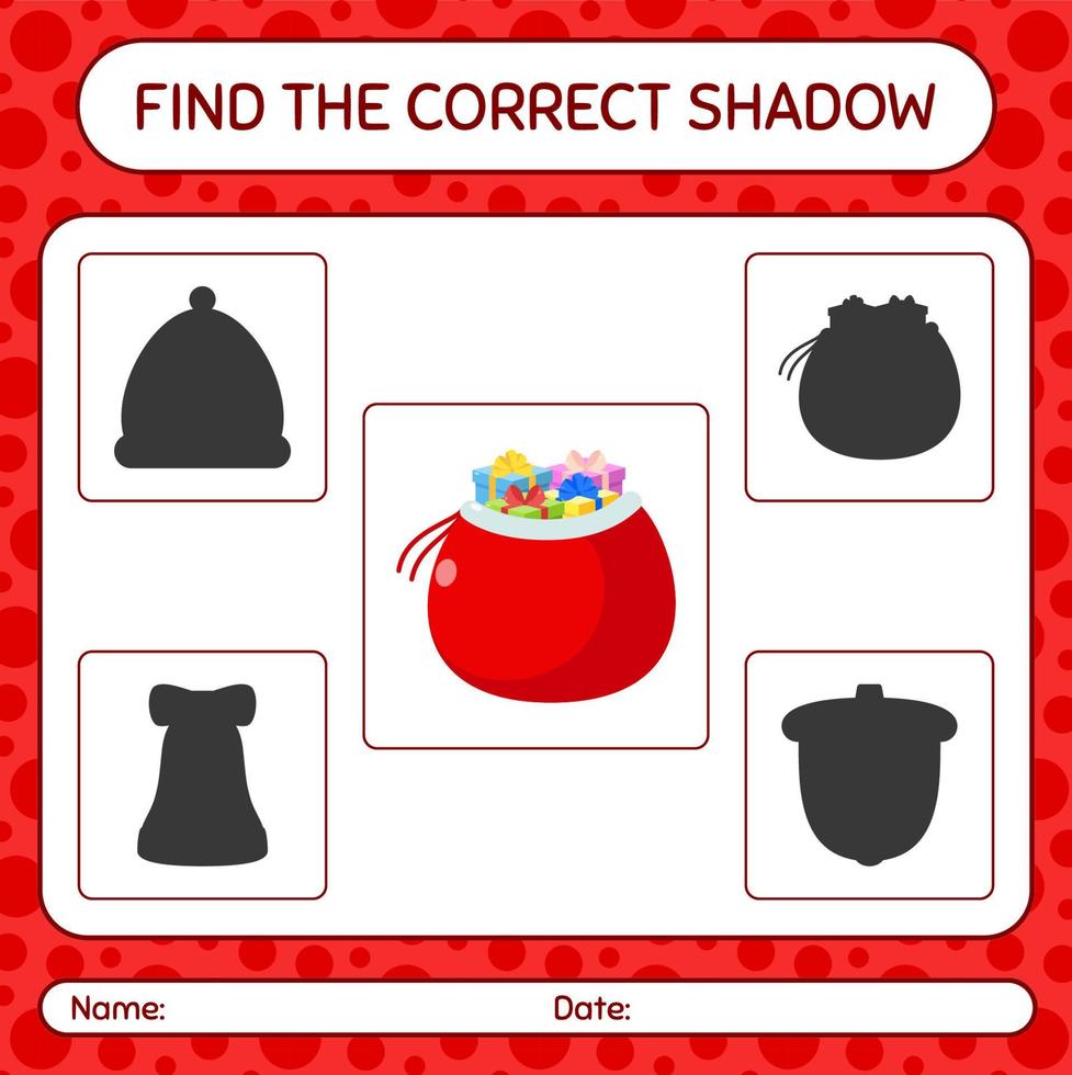 encuentra el juego de sombras correcto con la bolsa de santa. hoja de trabajo para niños en edad preescolar, hoja de actividades para niños vector