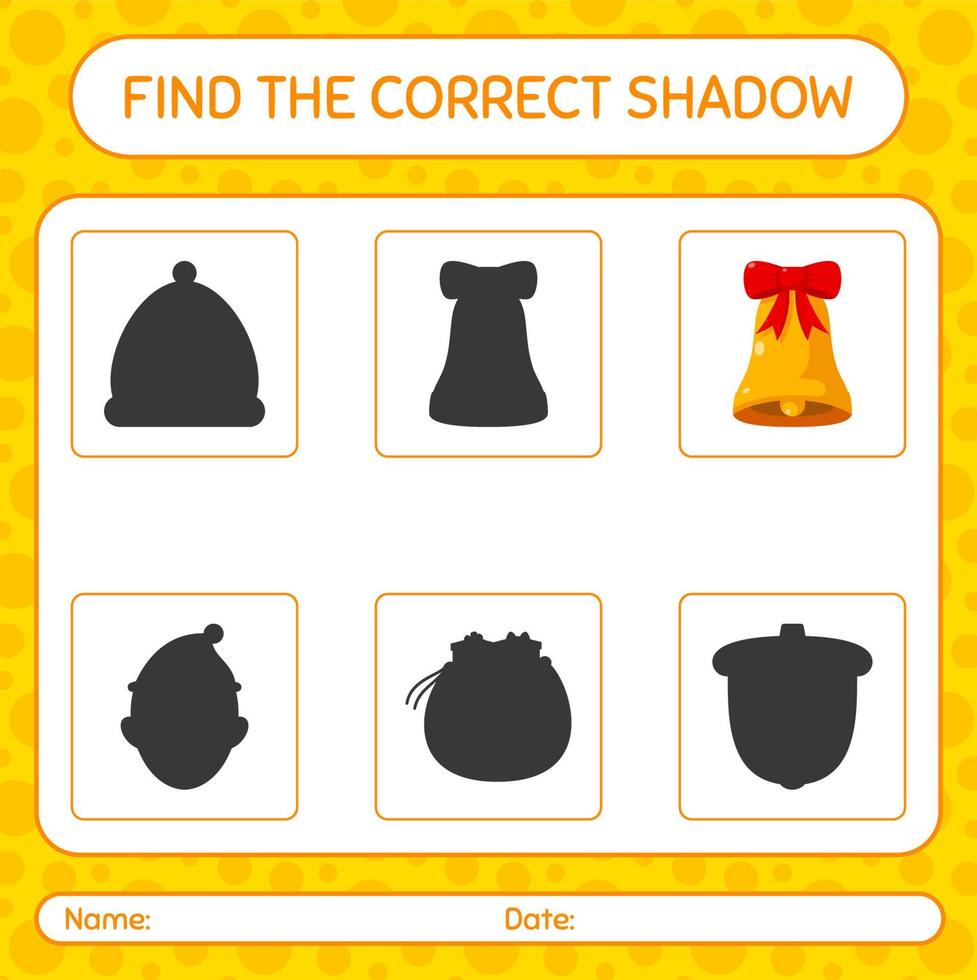 Find the correct shadows game with bell. worksheet for preschool kids, kids activity sheet vector