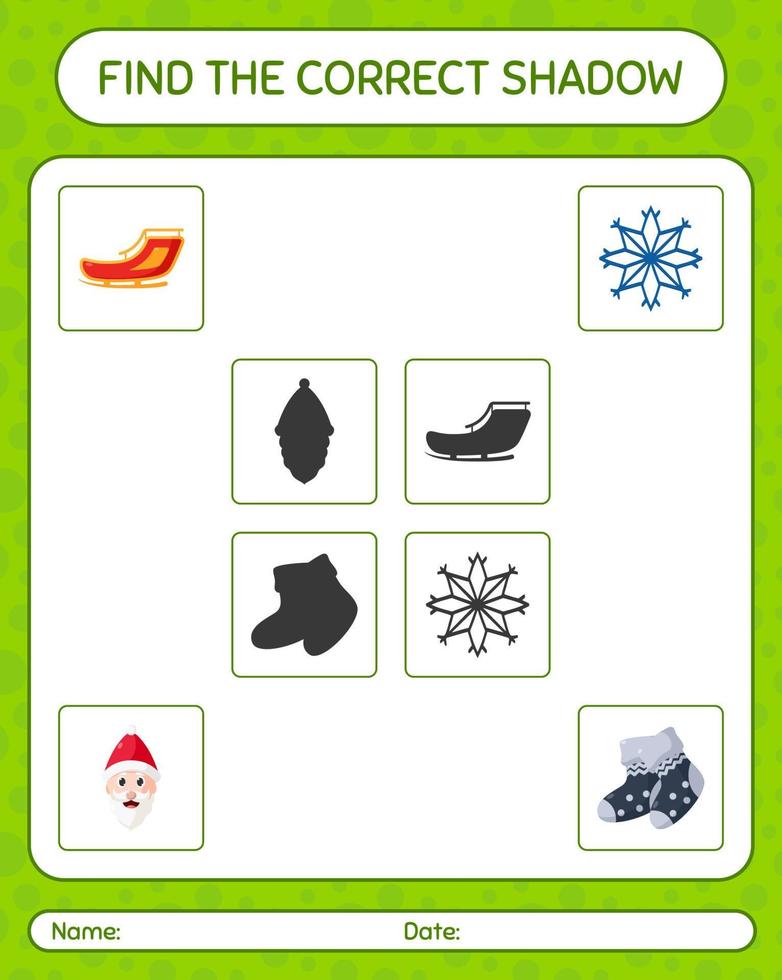 Find the correct shadows game with christmas icon. worksheet for preschool kids, kids activity sheet vector