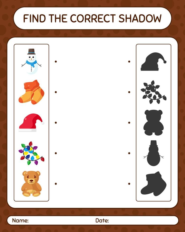 Find the correct shadows game with christmas icon. worksheet for preschool kids, kids activity sheet vector