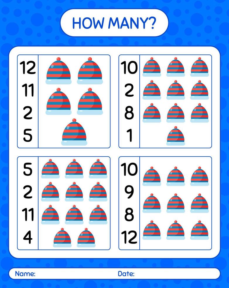 How many counting game with beanie. worksheet for preschool kids, kids activity sheet vector