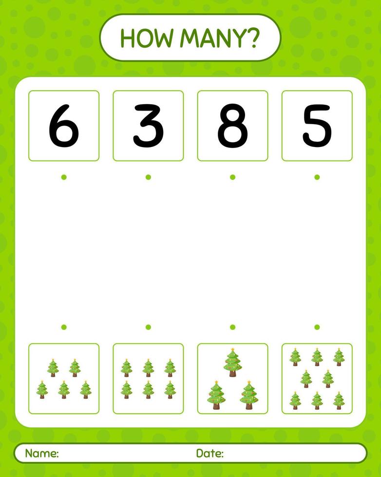 How many counting game with christmas tree. worksheet for preschool kids, kids activity sheet vector