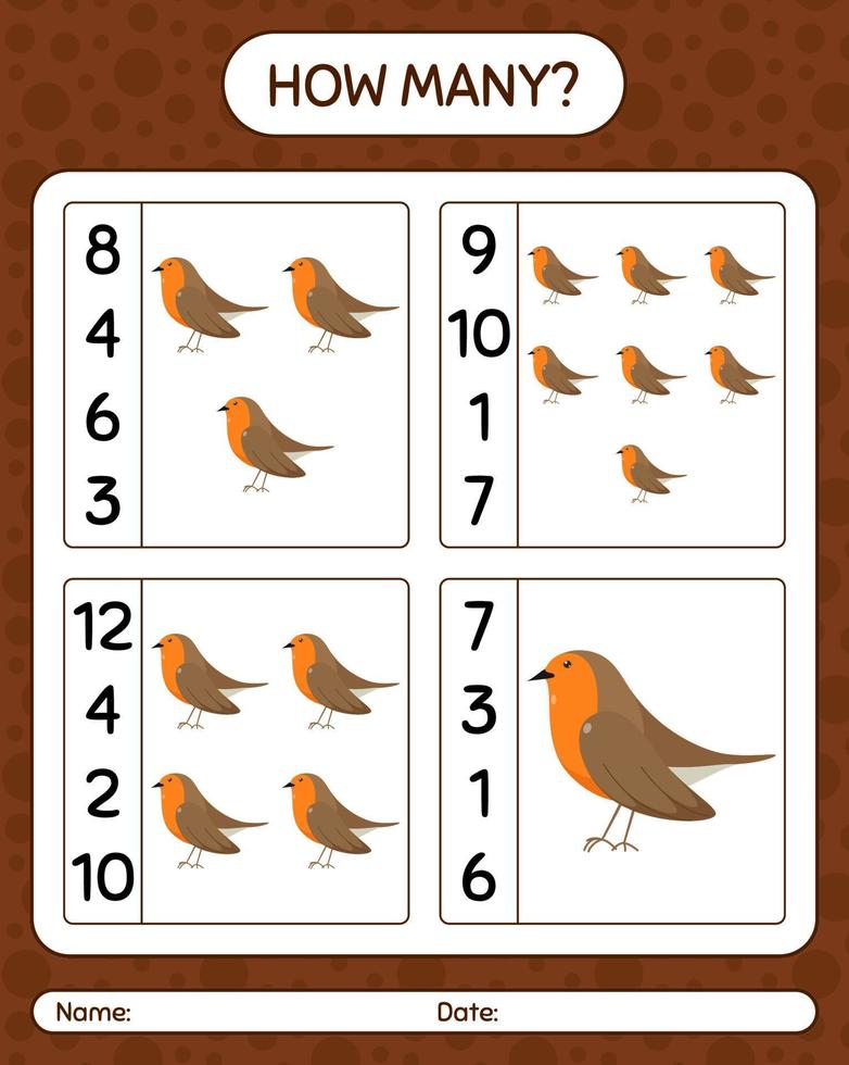 How many counting game with robin bird. worksheet for preschool kids, kids activity sheet vector