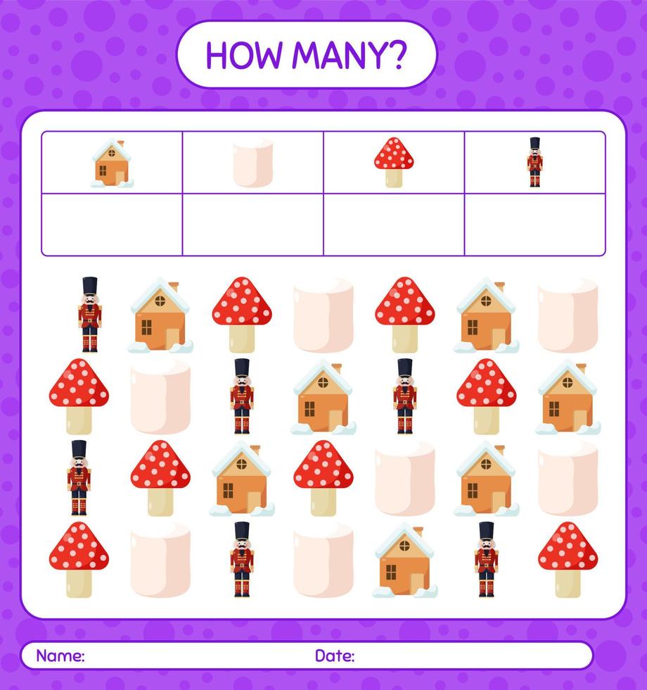 How many counting game with christmas icon. worksheet for preschool kids, kids activity sheet vector