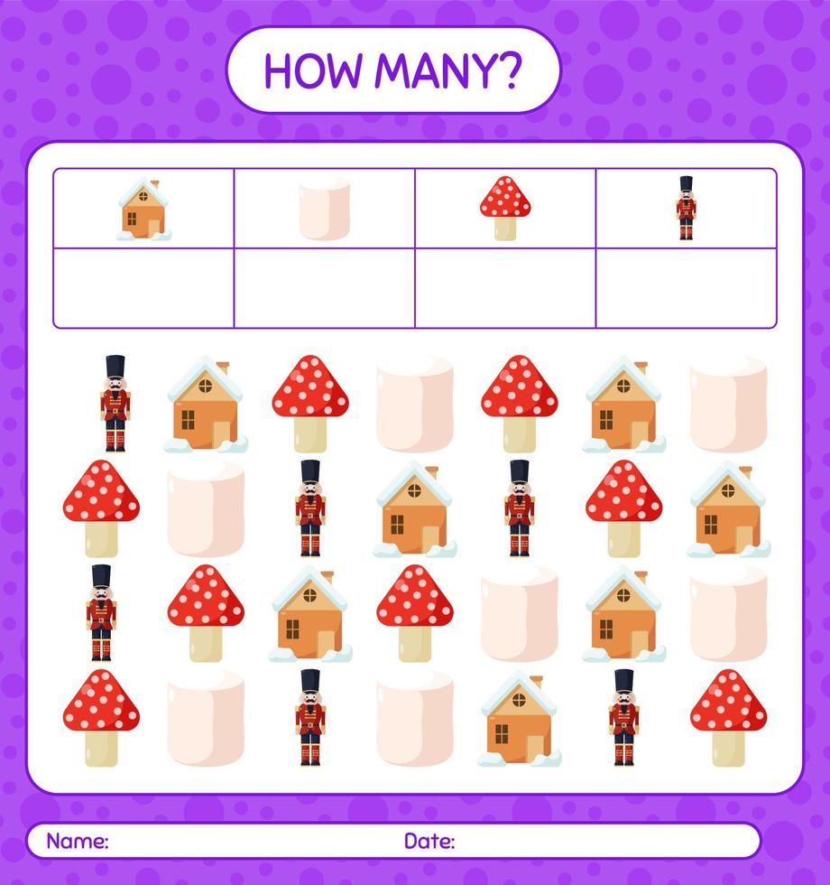 How many counting game with christmas icon. worksheet for preschool kids, kids activity sheet vector