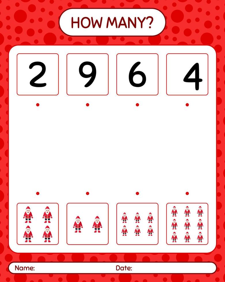 How many counting game with , santa claus. worksheet for preschool kids, kids activity sheet vector