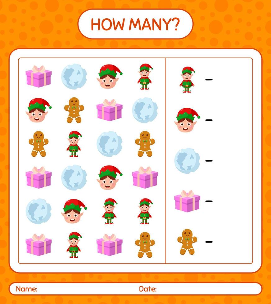 How many counting game with christmas icon. worksheet for preschool kids, kids activity sheet vector