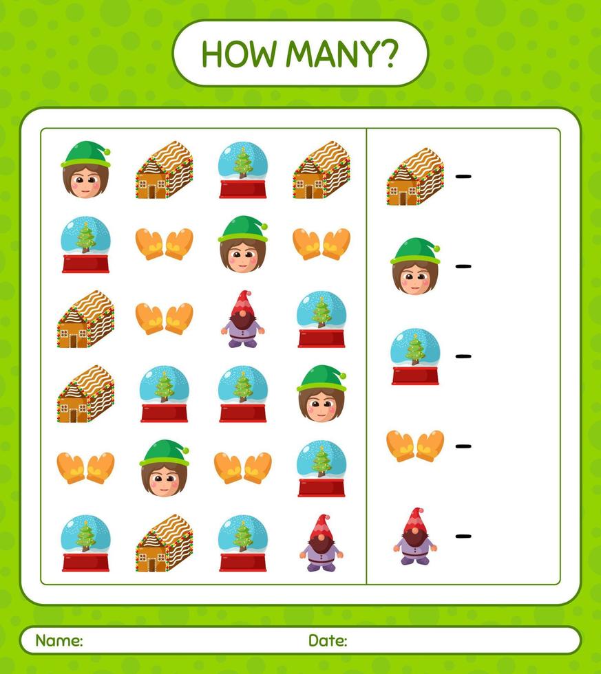 How many counting game with christmas icon. worksheet for preschool kids, kids activity sheet vector