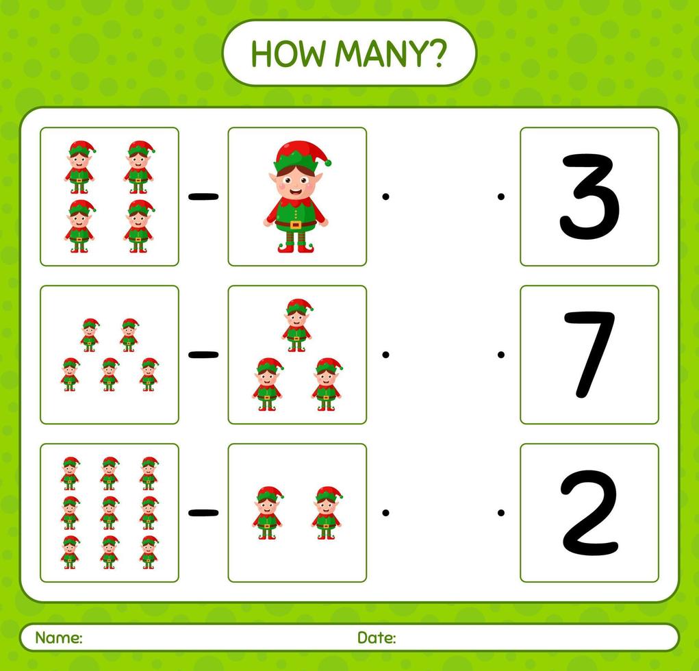 How many counting game with elf. worksheet for preschool kids, kids activity sheet vector