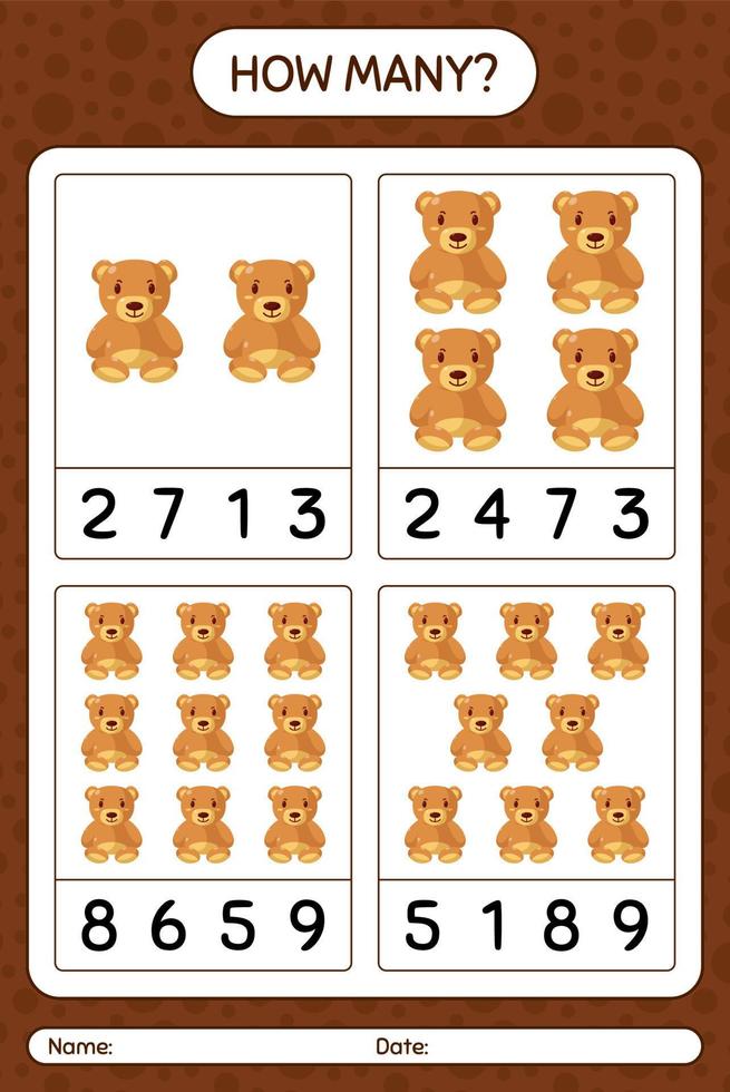 How many counting game with teddy bear. worksheet for preschool kids, kids activity sheet vector