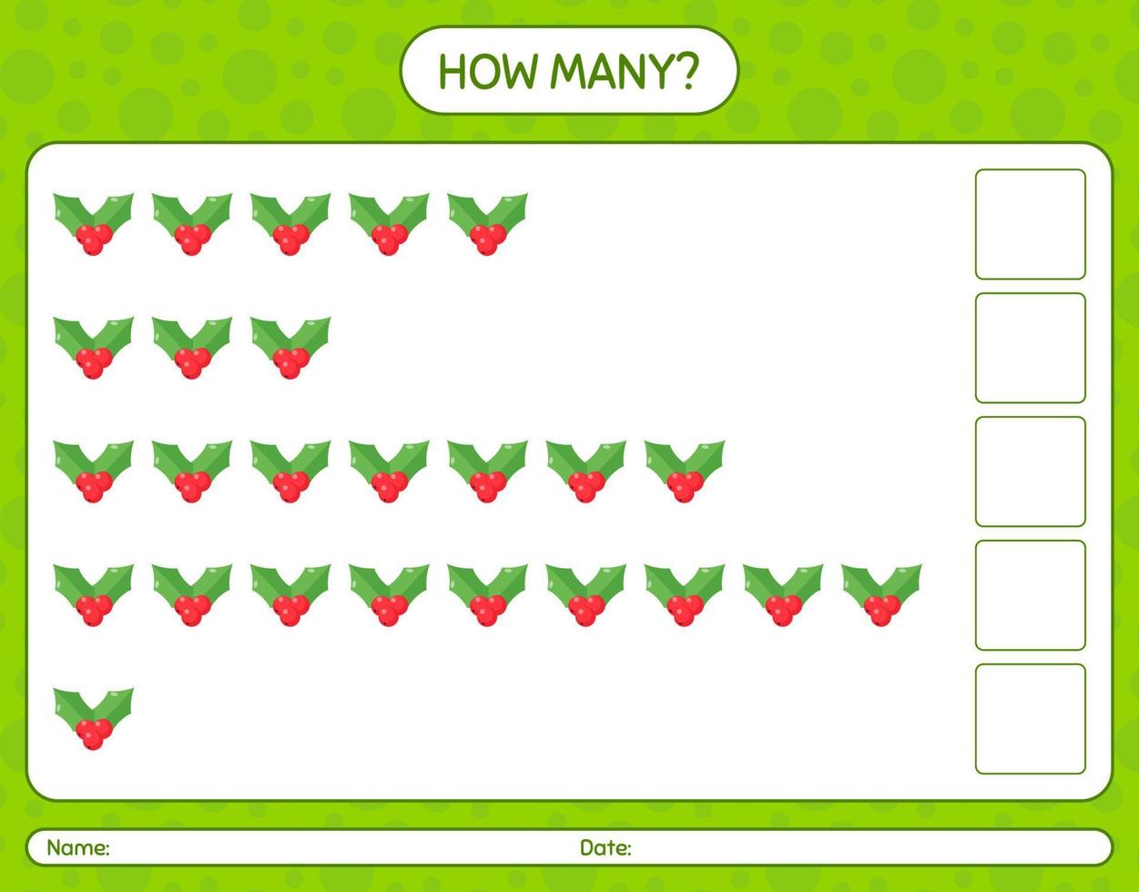 How many counting game with holly berry. worksheet for preschool kids, kids activity sheet vector