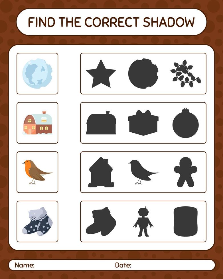 Find the correct shadows game with christmas icon. worksheet for preschool kids, kids activity sheet vector