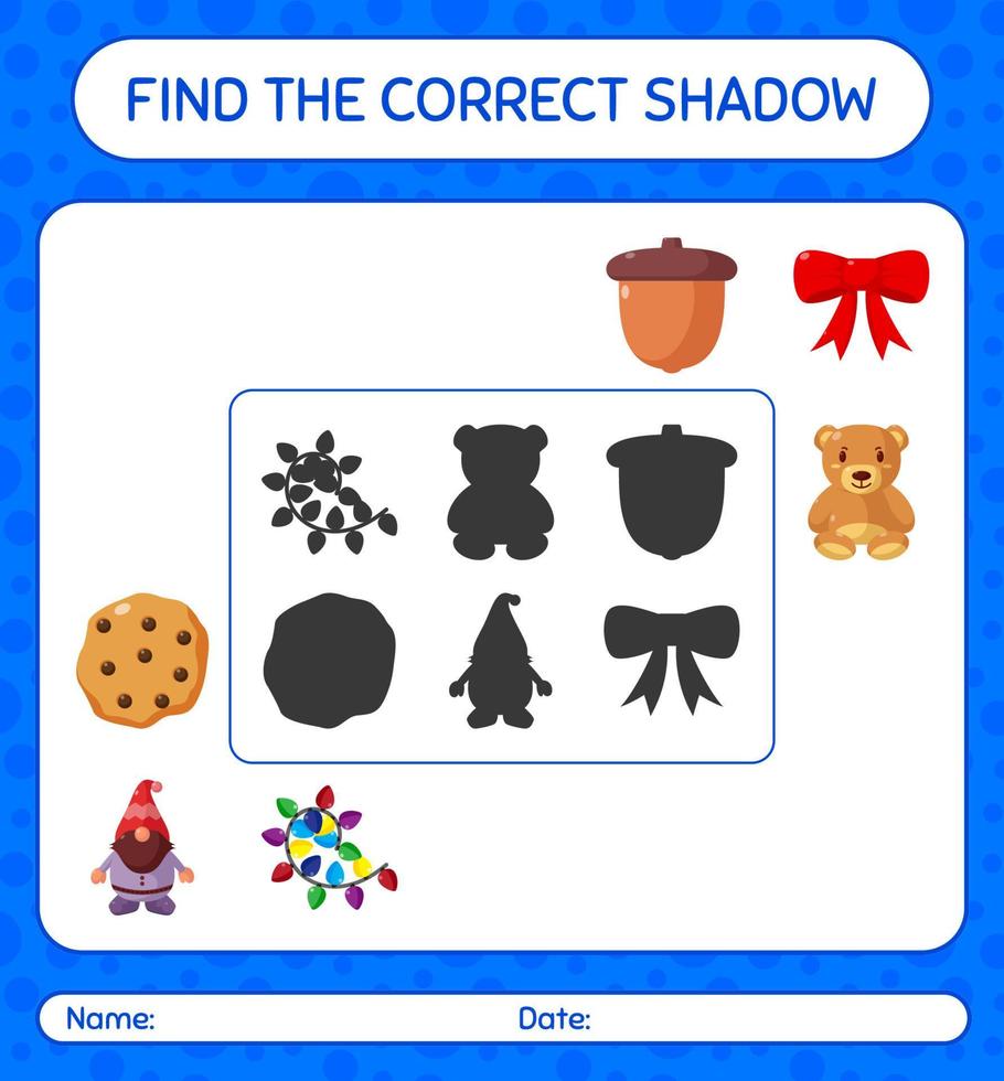 Find the correct shadows game with christmas icon. worksheet for preschool kids, kids activity sheet vector