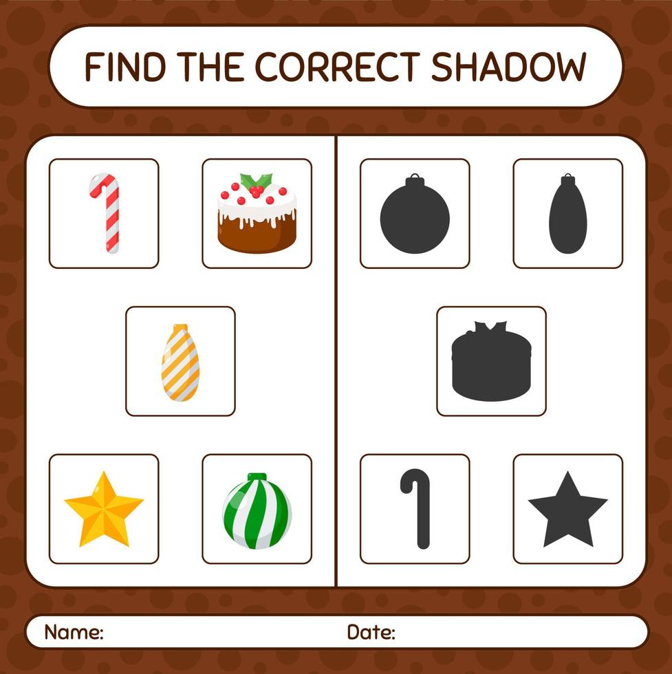 Find the correct shadows game with christmas icon. worksheet for preschool kids, kids activity sheet vector