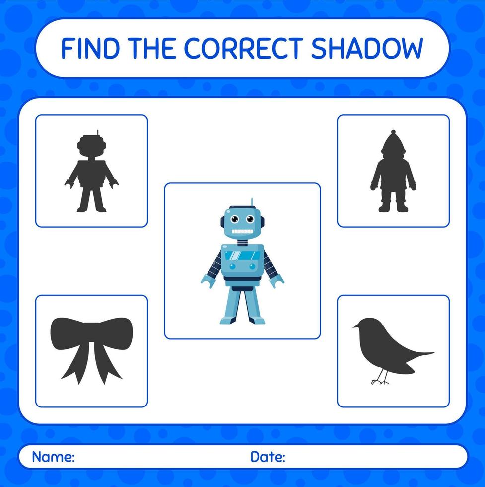 Find the correct shadows game with robot toy. worksheet for preschool kids, kids activity sheet vector