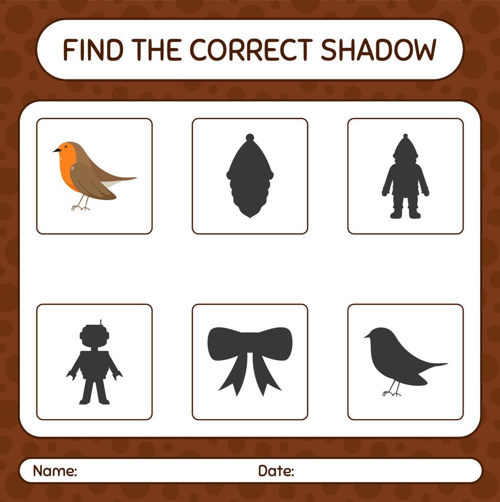 Find the correct shadows game with robin bird. worksheet for preschool kids, kids activity sheet vector