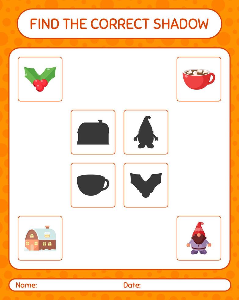Find the correct shadows game with christmas icon. worksheet for preschool kids, kids activity sheet vector