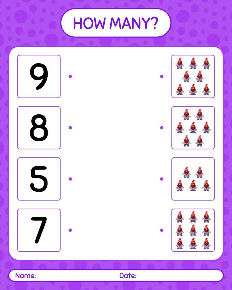 How many counting game with gnome. worksheet for preschool kids, kids activity sheet vector