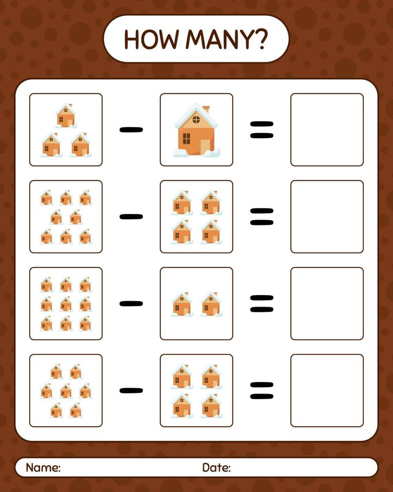 How many counting game with house. worksheet for preschool kids, kids activity sheet vector