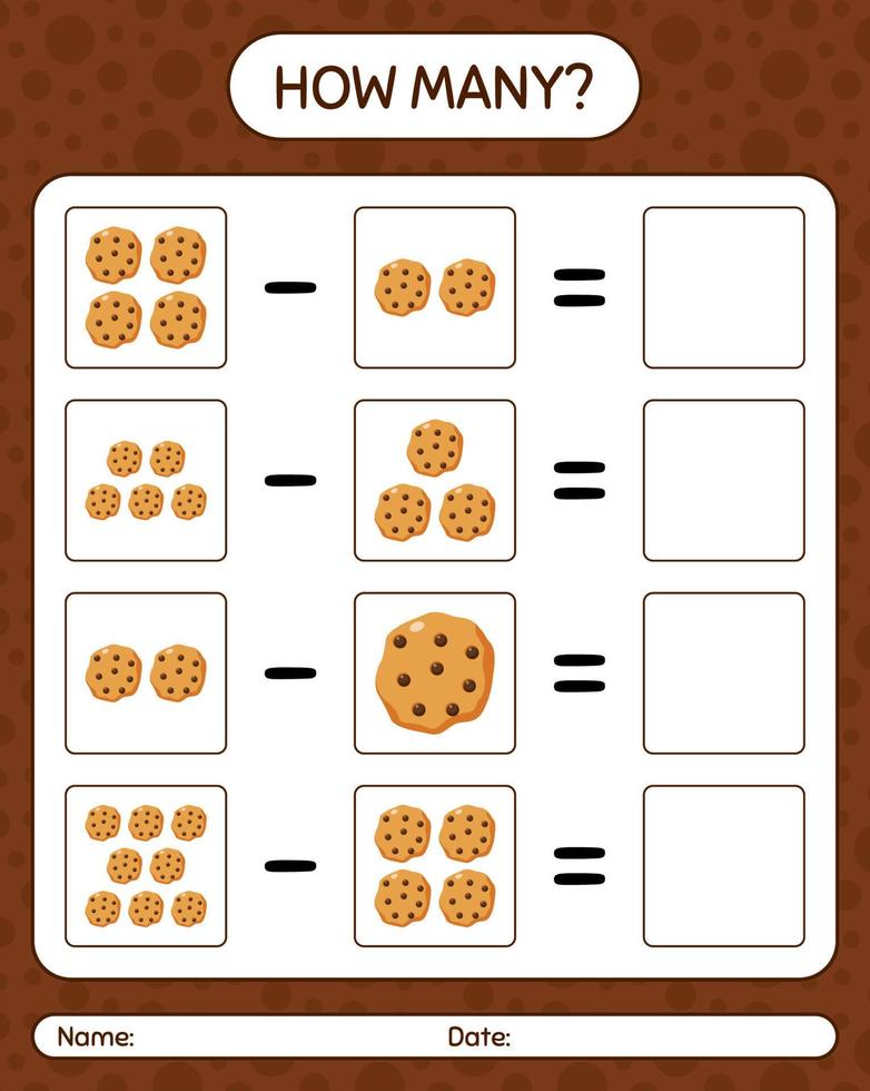 How many counting game with cookie. worksheet for preschool kids, kids activity sheet vector