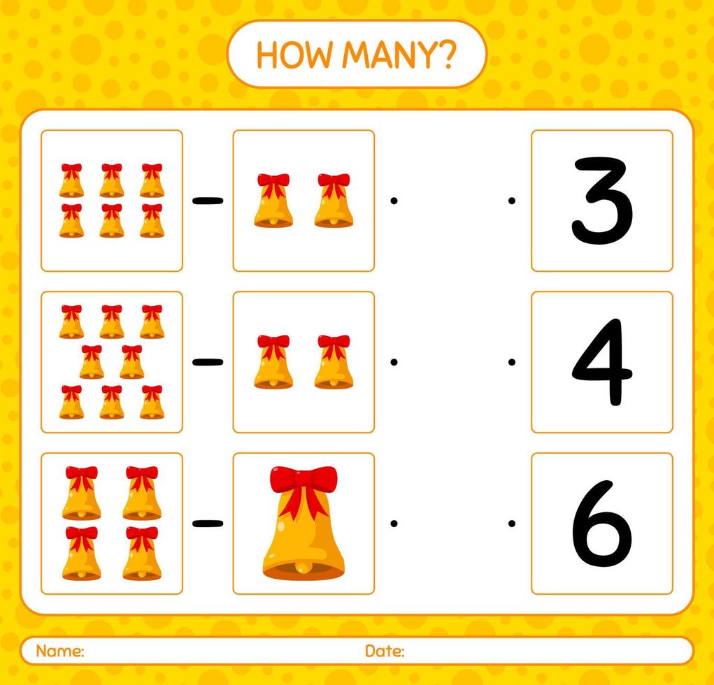 How many counting game with bell. worksheet for preschool kids, kids activity sheet vector