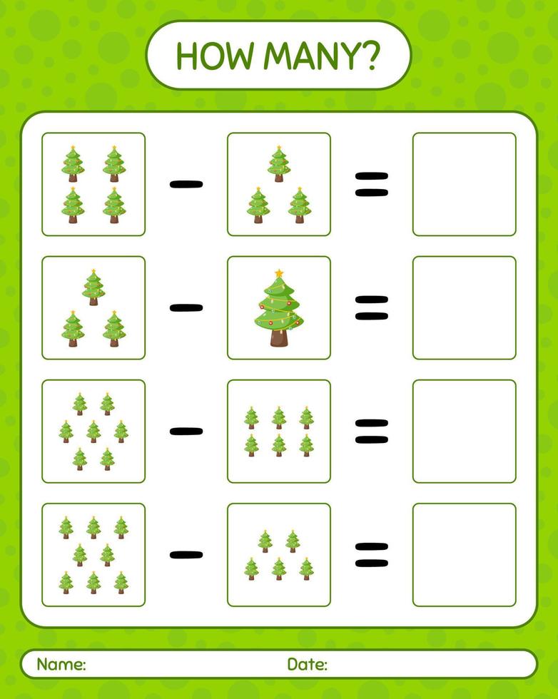 How many counting game with christmas tree. worksheet for preschool kids, kids activity sheet vector