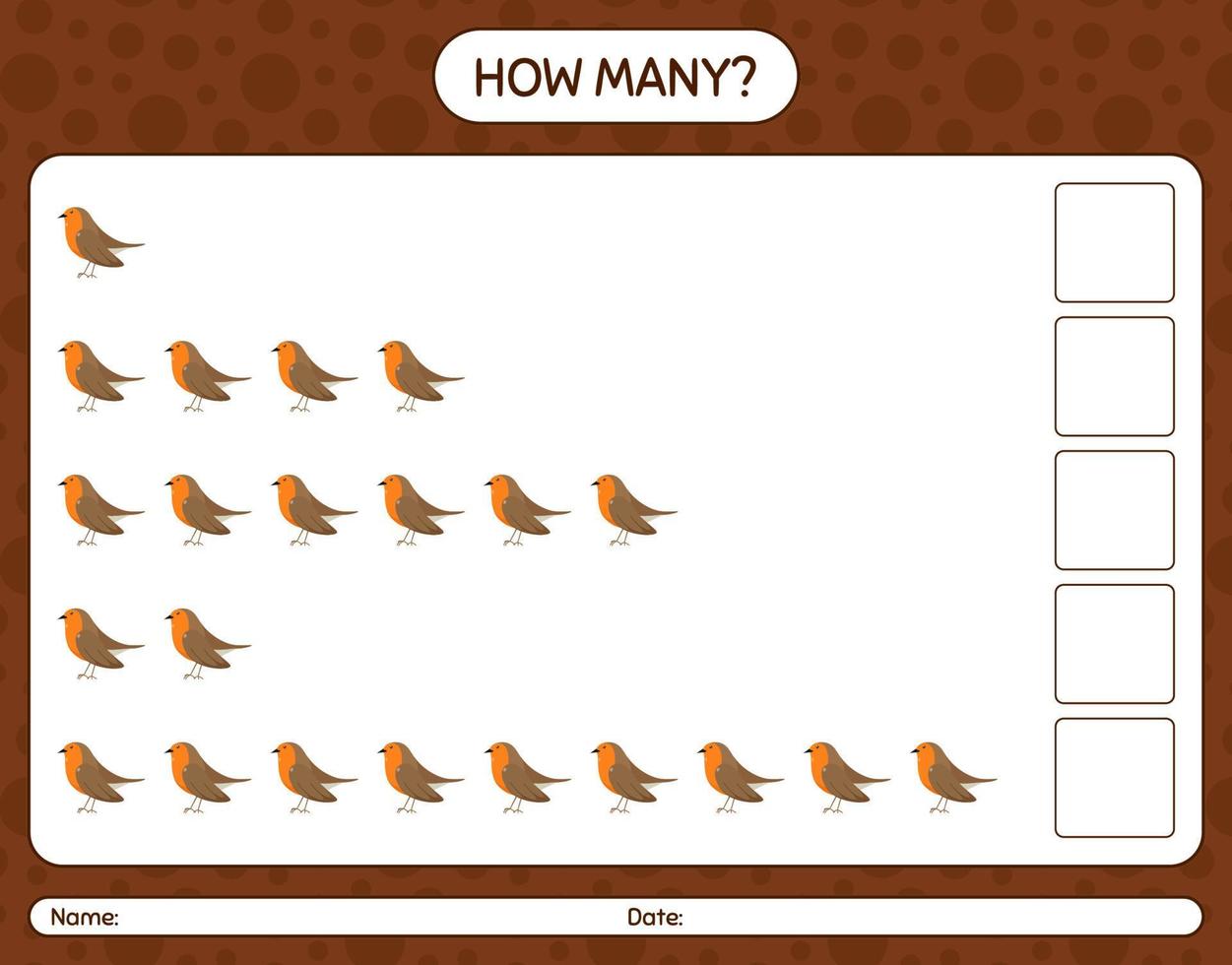 How many counting game with robin bird. worksheet for preschool kids, kids activity sheet vector