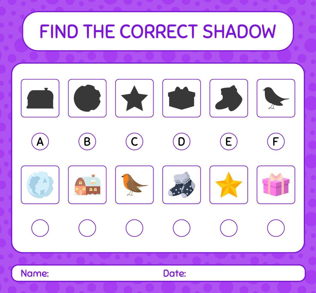 Find the correct shadows game with christmas icon. worksheet for preschool kids, kids activity sheet vector