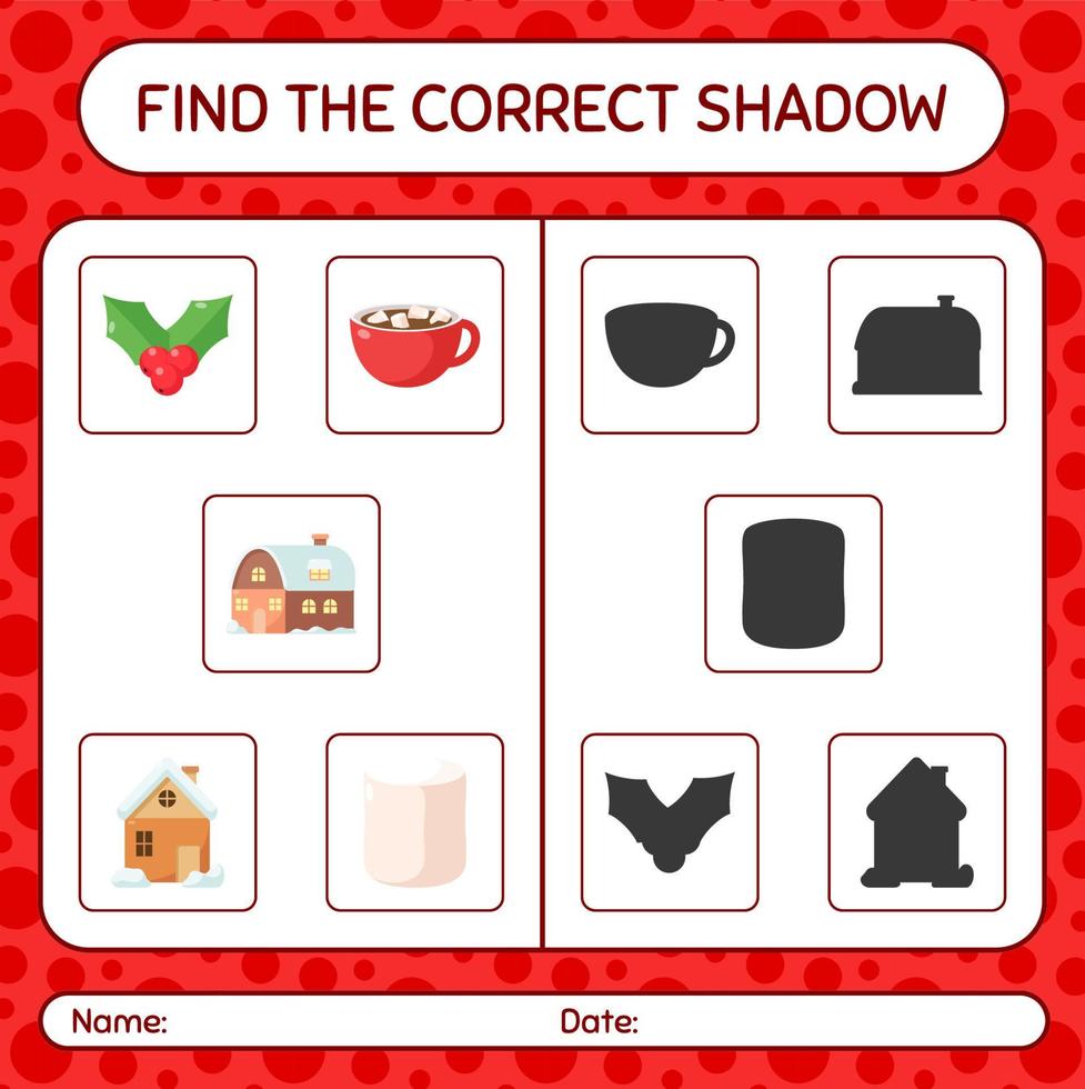 Find the correct shadows game with christmas icon. worksheet for preschool kids, kids activity sheet vector