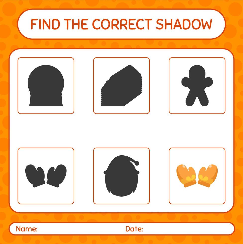 encuentra el juego de sombras correcto con guante. hoja de trabajo para niños en edad preescolar, hoja de actividades para niños vector