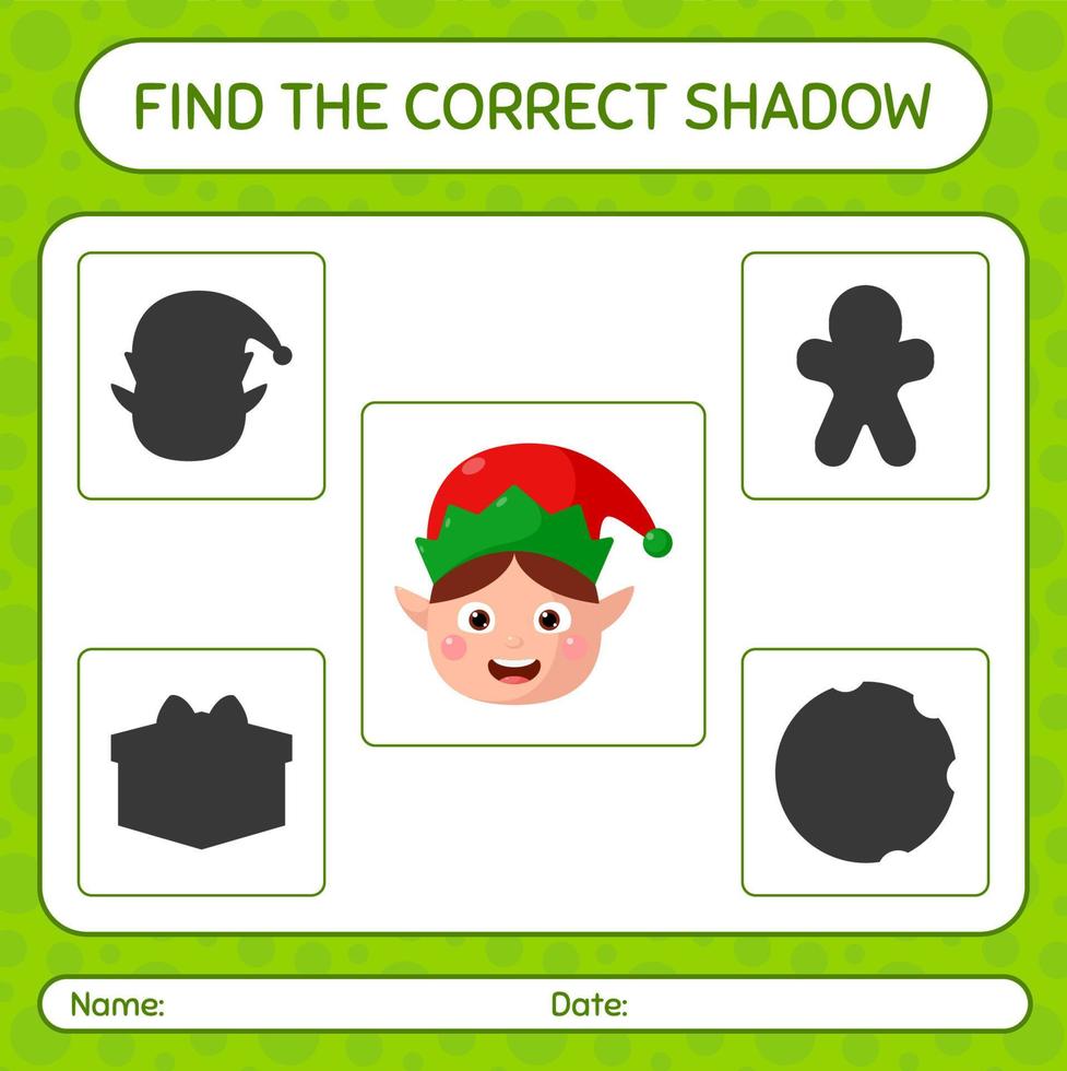 Find the correct shadows game with elf. worksheet for preschool kids, kids activity sheet vector