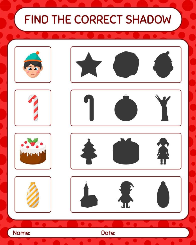 Find the correct shadows game with christmas icon. worksheet for preschool kids, kids activity sheet vector