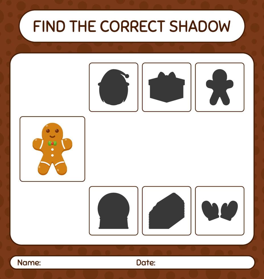 encuentra el juego de sombras correcto con galleta de jengibre. hoja de trabajo para niños en edad preescolar, hoja de actividades para niños vector