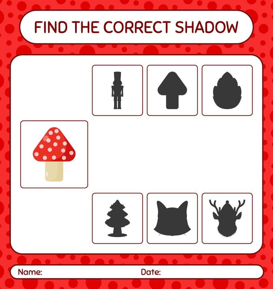 Find the correct shadows game with mushroom. worksheet for preschool kids, kids activity sheet vector