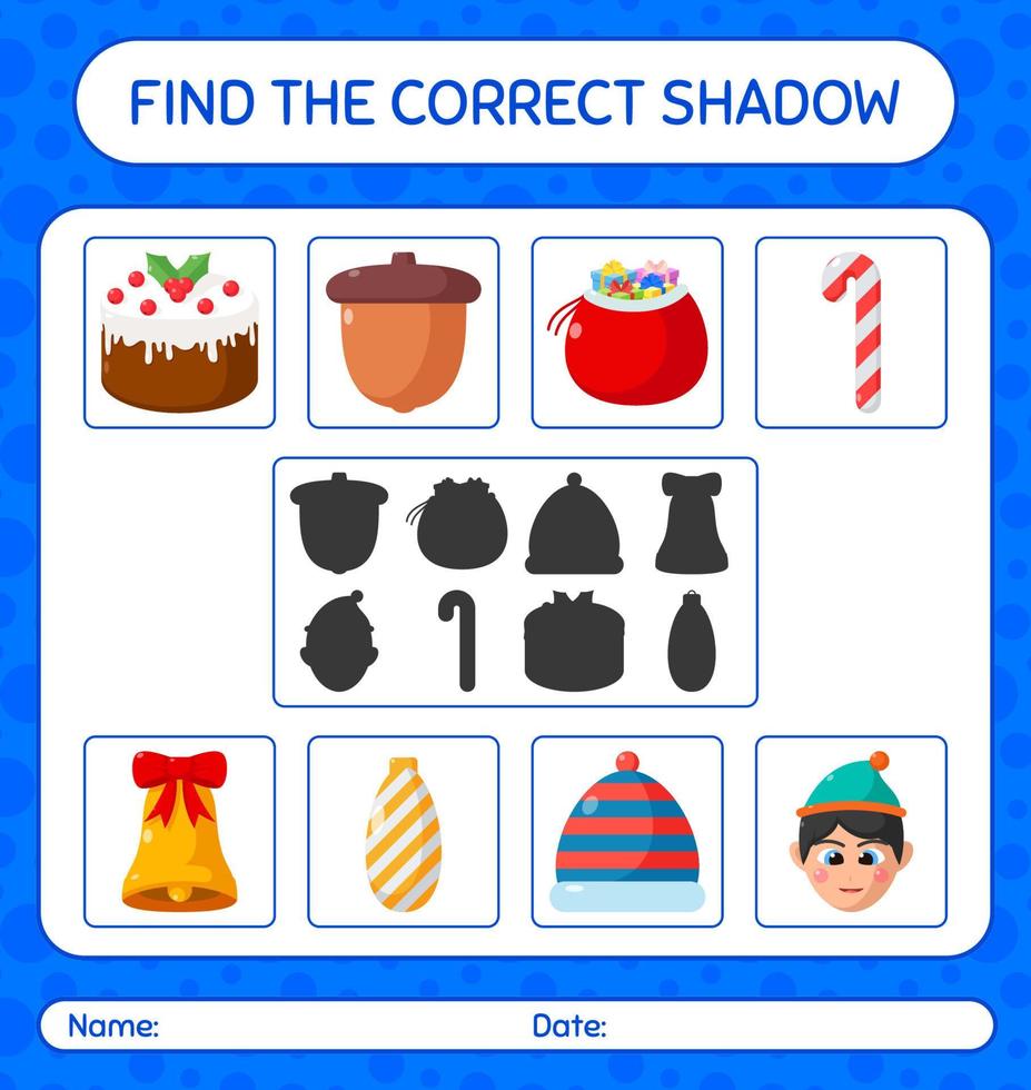 Find the correct shadows game with christmas icon. worksheet for preschool kids, kids activity sheet vector