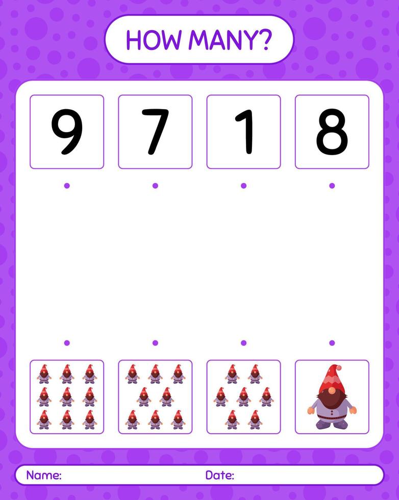 How many counting game with gnome. worksheet for preschool kids, kids activity sheet vector