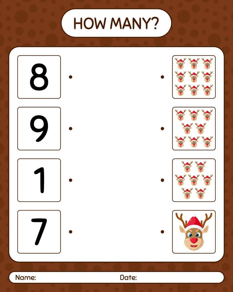 How many counting game with reindeer. worksheet for preschool kids, kids activity sheet vector