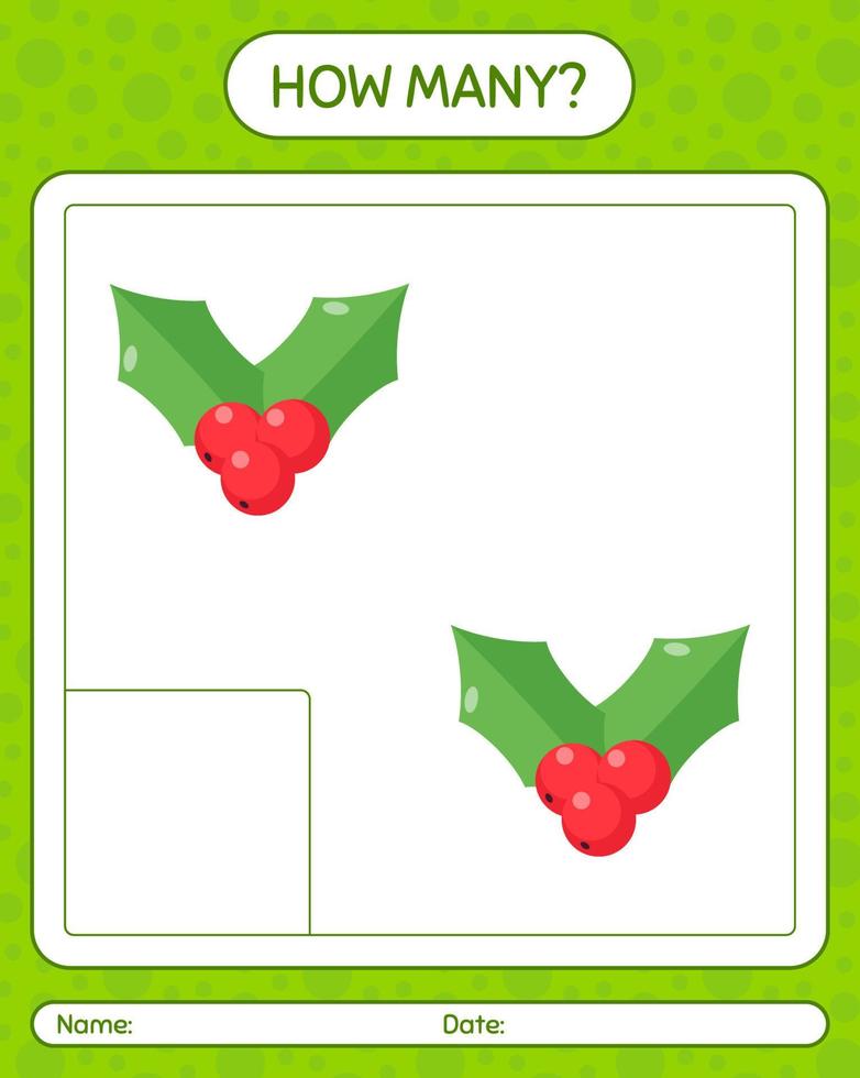 How many counting game with holly berry. worksheet for preschool kids, kids activity sheet vector