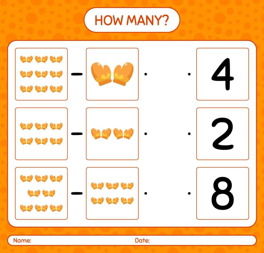 How many counting game with glove. worksheet for preschool kids, kids activity sheet vector