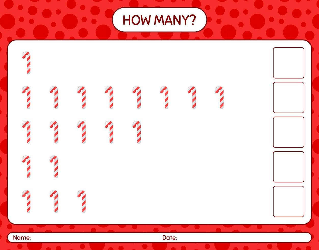 How many counting game with candy cane. worksheet for preschool kids, kids activity sheet vector