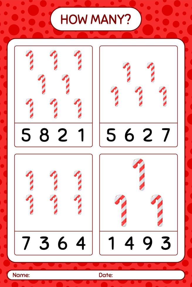 How many counting game with candy cane. worksheet for preschool kids, kids activity sheet vector