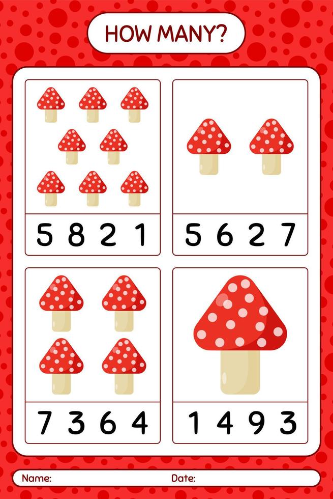 How many counting game with mushroom. worksheet for preschool kids, kids activity sheet vector