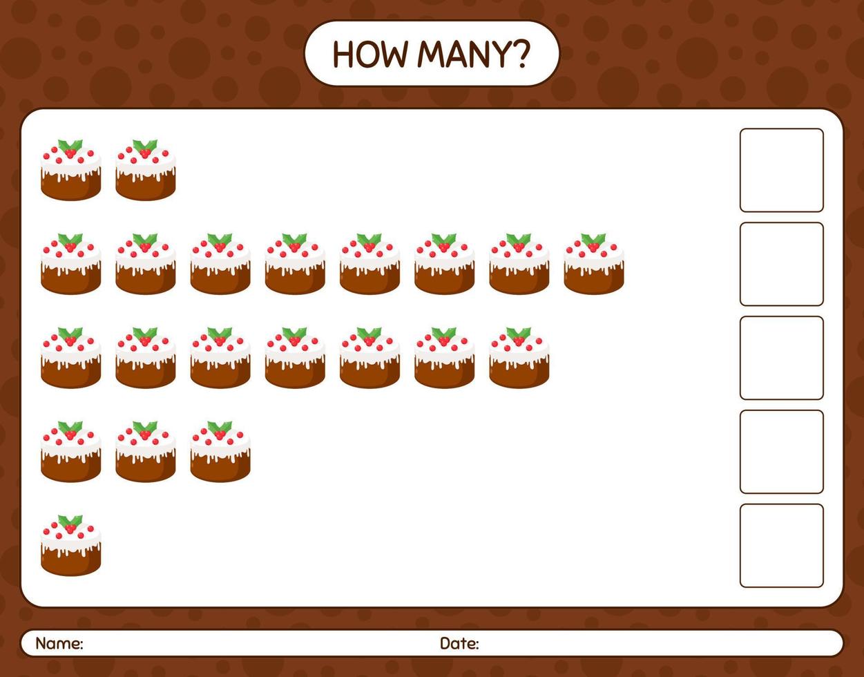 How many counting game with christmas cake. worksheet for preschool kids, kids activity sheet vector