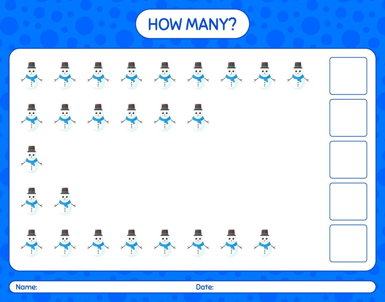 How many counting game with snowman. worksheet for preschool kids, kids activity sheet vector